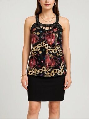 Custo Barcelona Lowxury 100% Silk Tank Medium Chains Beaded Y2K Artsy